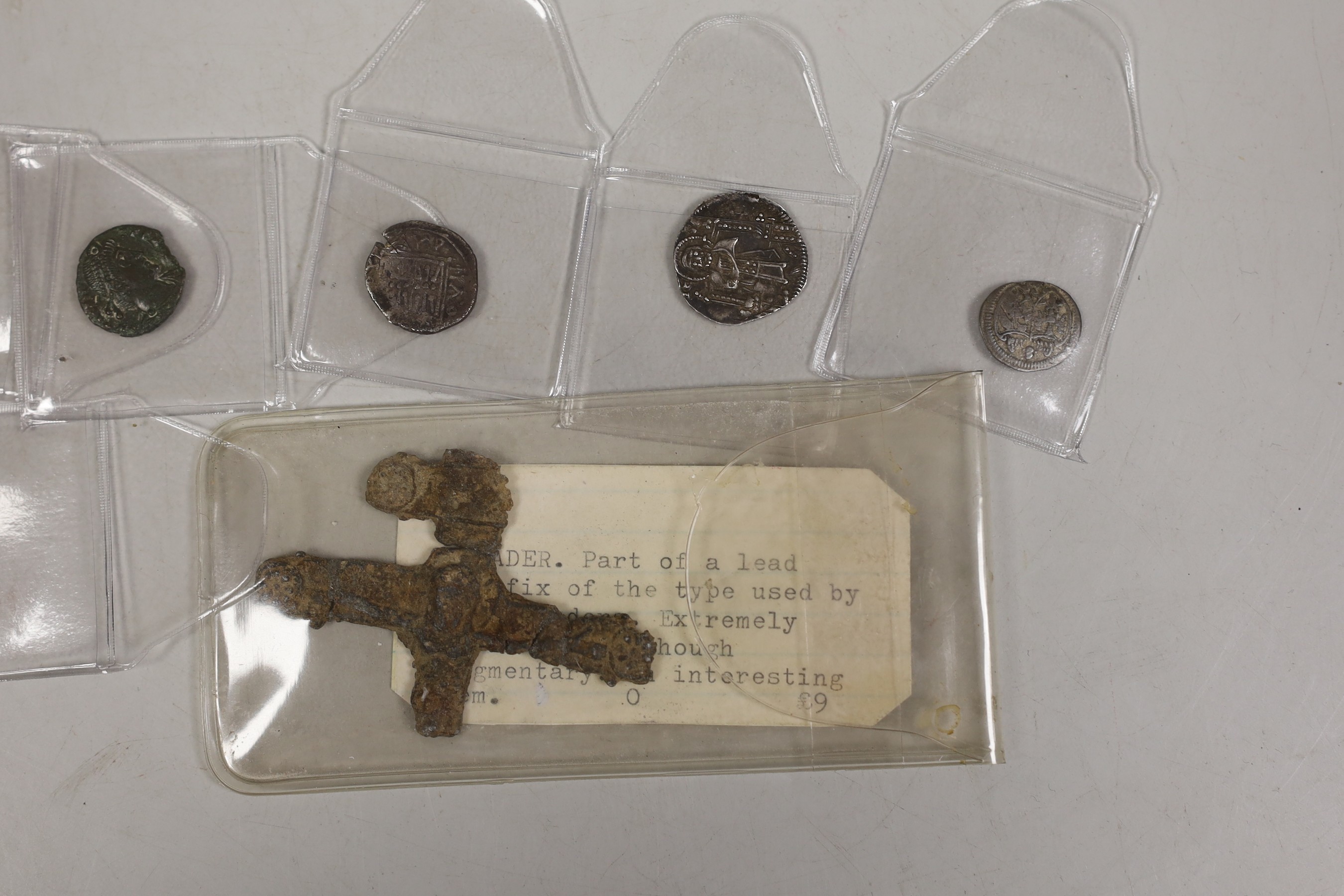 Greek, Celtic and European medieval coinage to include an AR drachm, Illyria, an Iceni Antedios Anted silver unit, a Venetian AR grosso, two deniers tournois, a Charles the Bold 2 Stuivers and a fragment of a lead crucif